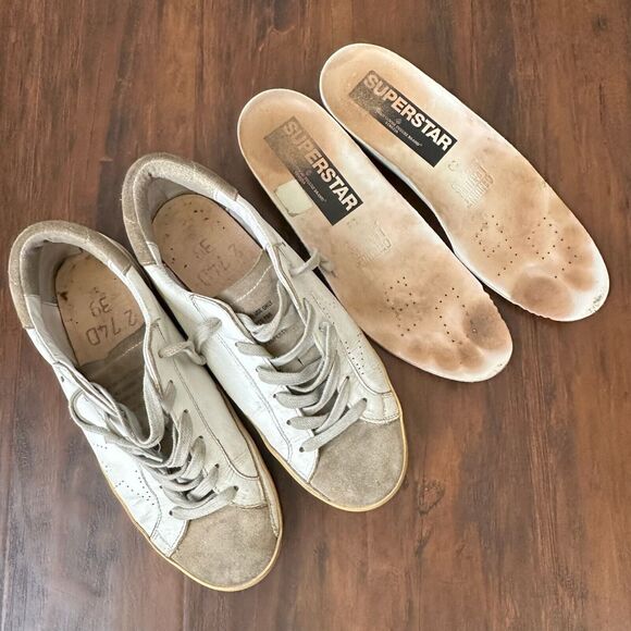 GOLDEN GOOSE Men's Super-Star w Perforated Star White/Taupe Leather/Suede - Picture 9 of 14